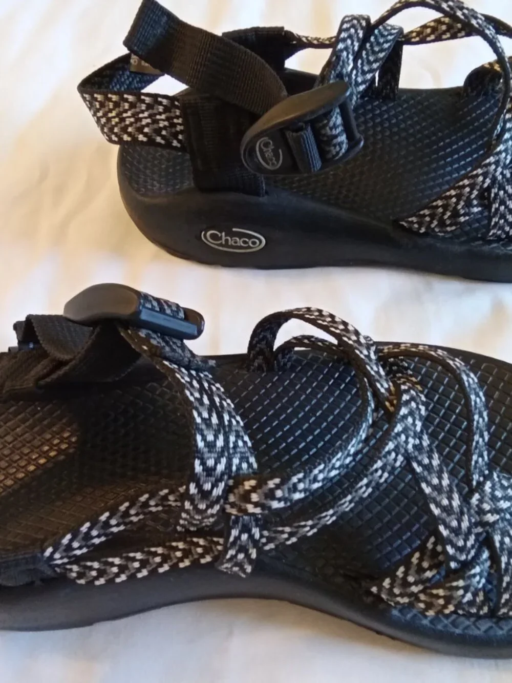 Women's Chaco strapoy sandals, blac, white and grey, size 6, pre-owned